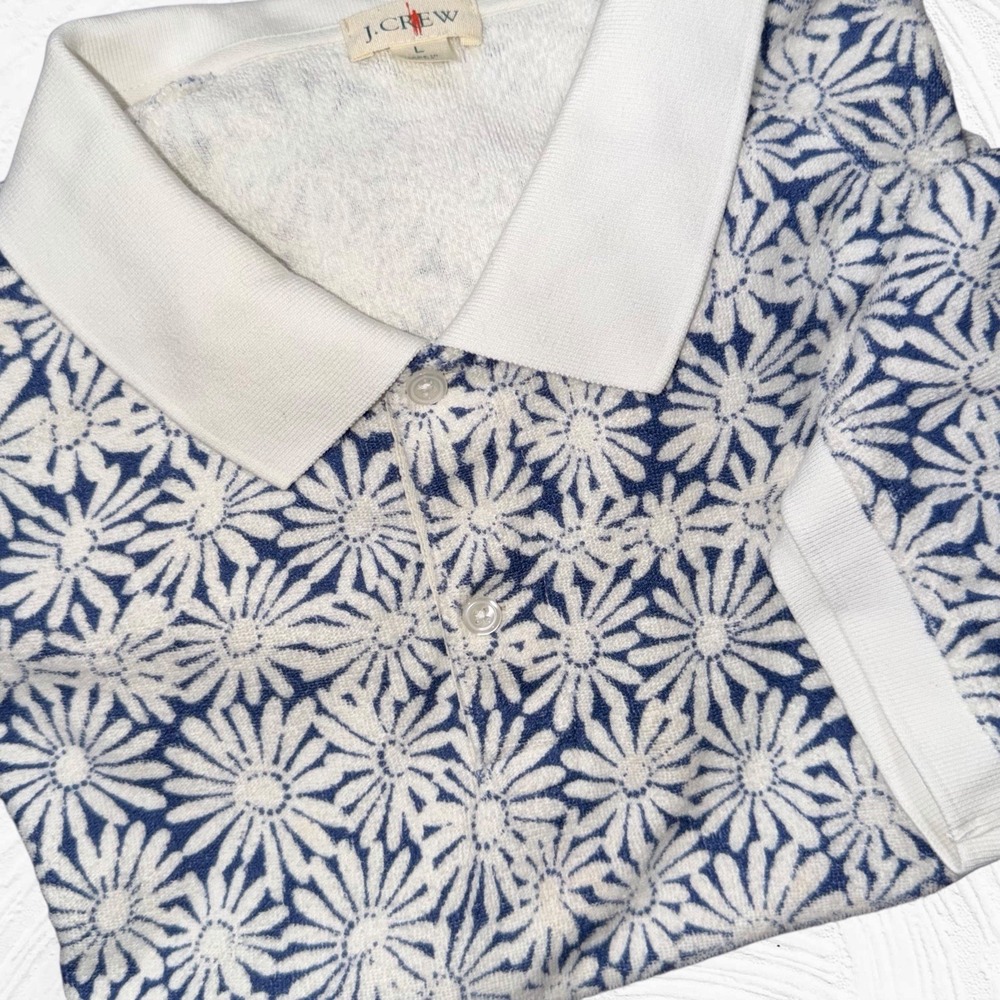 J Crew Polo Mens Large Blue White Terry Cloth Toweling Daisy Floral Oarsman